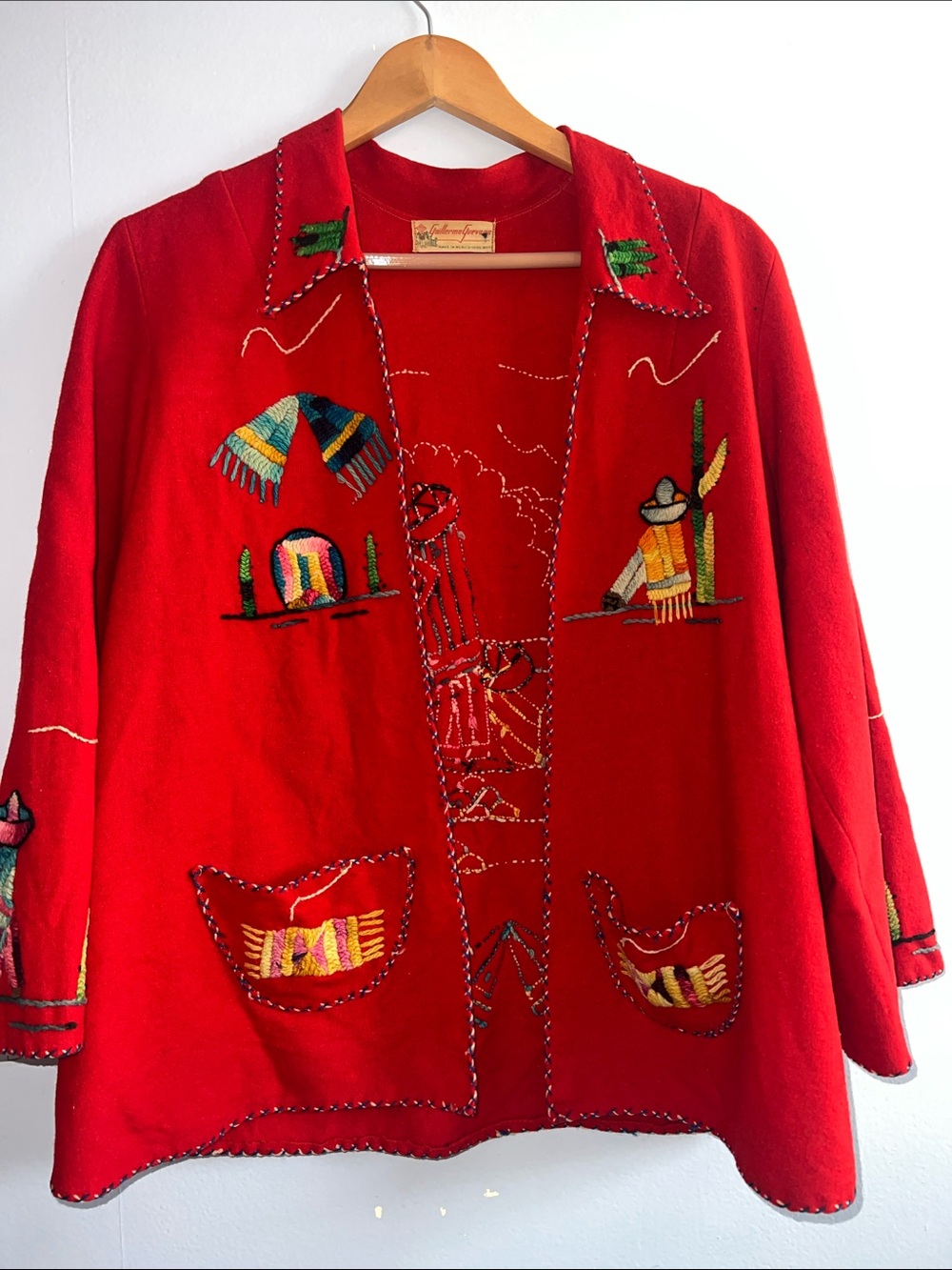 Vtg 1940s 1950s Mexican Souvenir Jacket Embroidered Red Wool Tourist Coat M